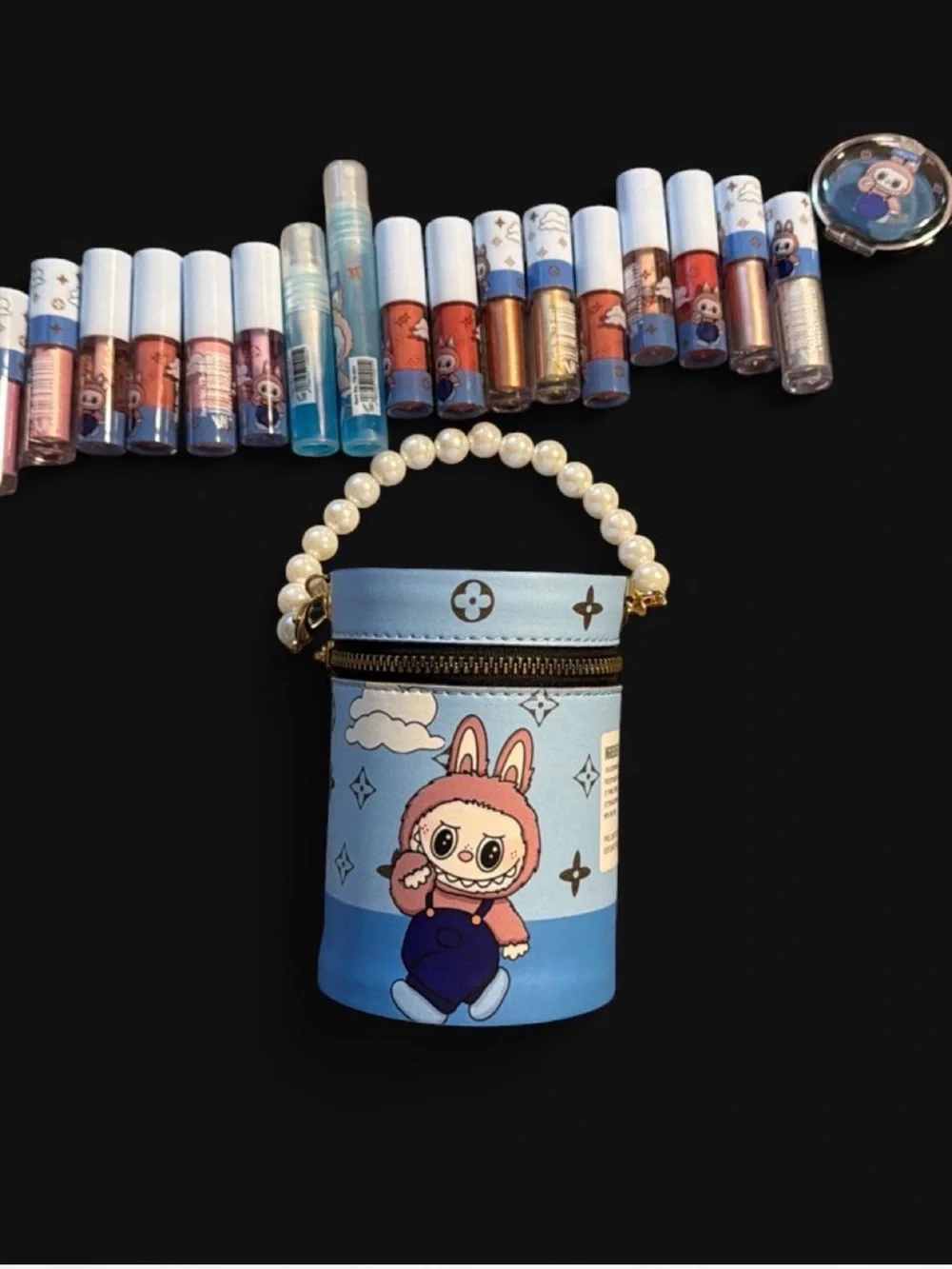 Kids Blue Monster Pearl-Handle Accessory Pouch